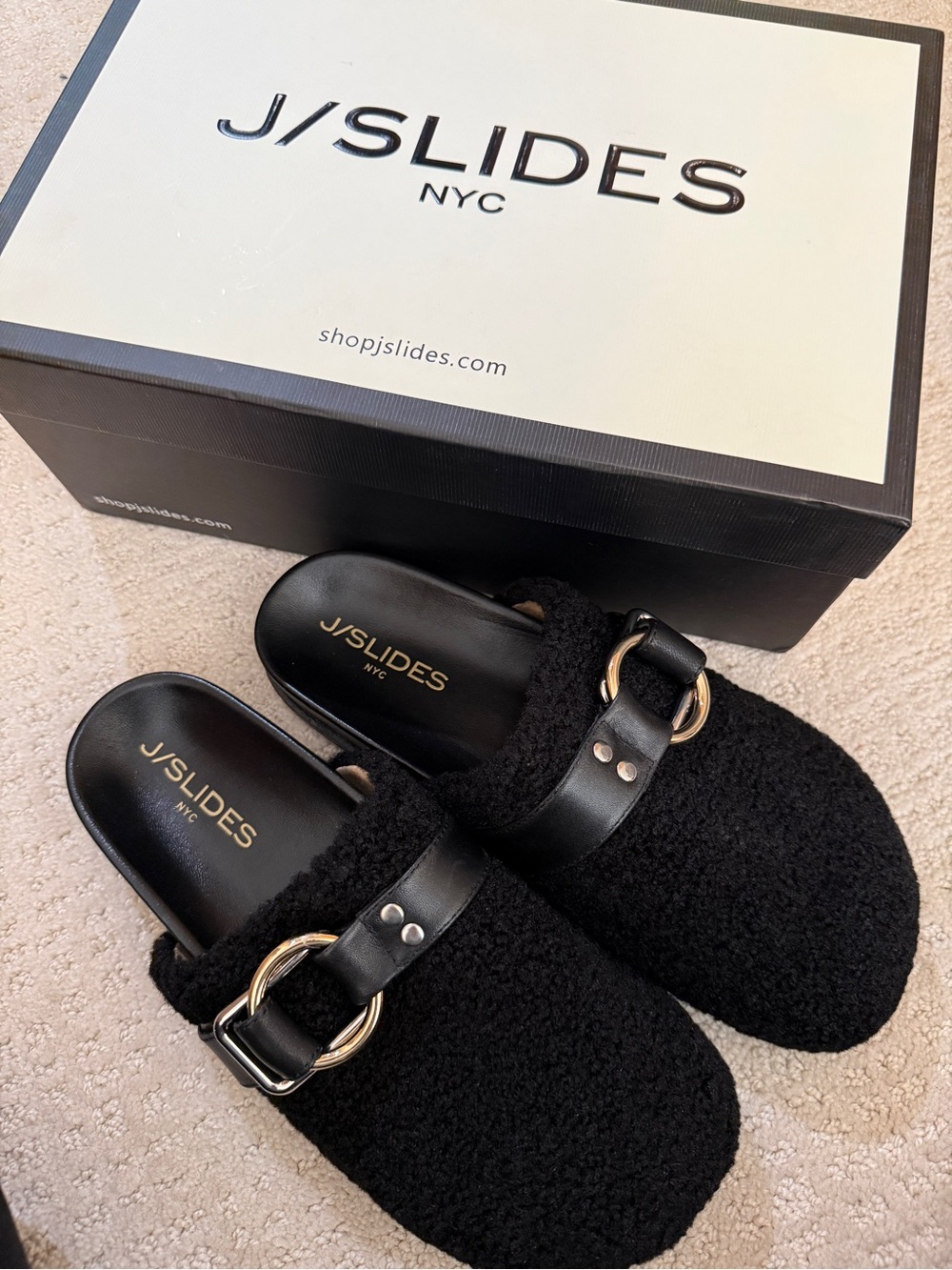 J/Slides Rosie Black Shearling Mule Slides with Gold Buckle
